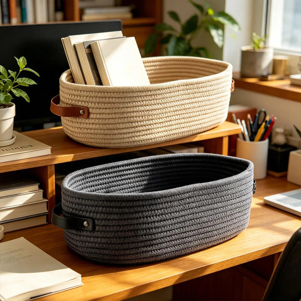 Woven Storage Baskets Leather Handles Decorative Cotton Rope