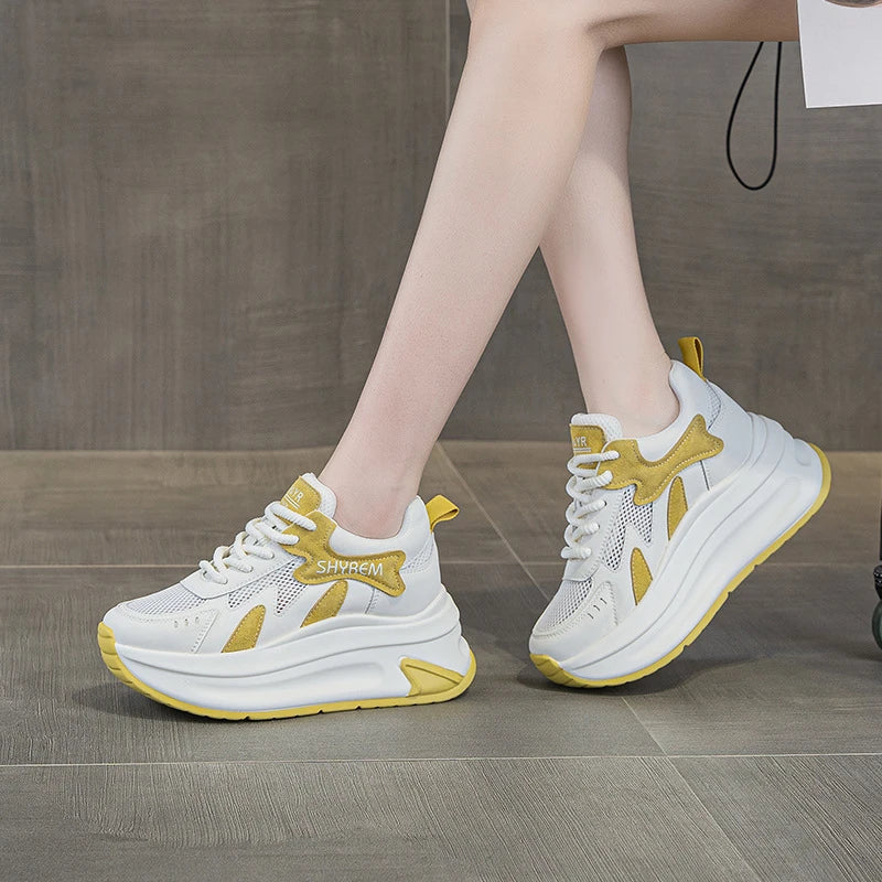 Womens White Mesh Sneakers Breathable Chunky Platform Height Zpaxo