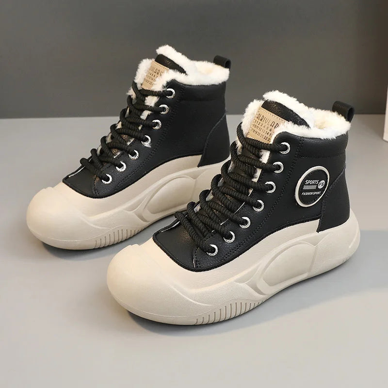 Winter Pu Lace Up Vulcanized Shoes Outdoor Walking Sports Shoe Round Zpaxo Black plus velvet 40 China Mainland