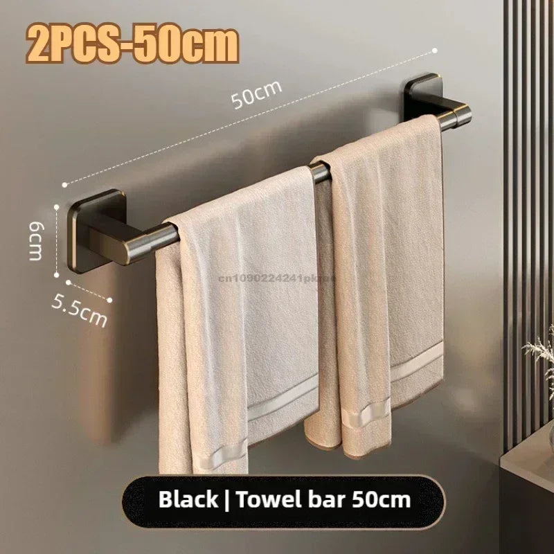 Non perforated suction cup wall mounted towel rack, bathroom storage rack, bathroom horizontal bar towel rack Zpaxo 2PCS-Black 50CM