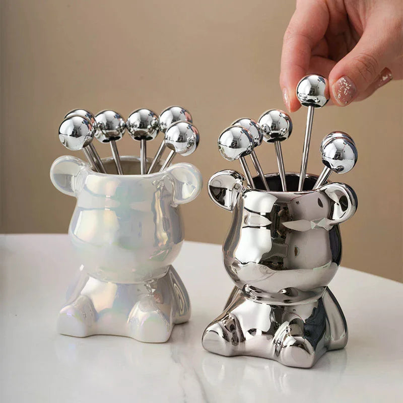 Stainless Steel Dessert Forks Storage Jar Cute Bear Utensils Party Zpaxo