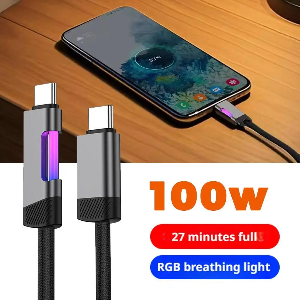 100W PD RGB Breathing Light USB C to C Cable Super Fast Charging Data Cord 1M 2M Anti Break For iPhone Huawei Samsung Xiaomi Zpaxo