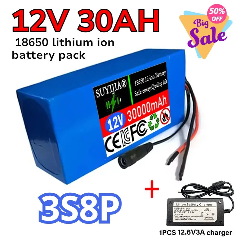 New 3S8P 12V 30000mAh Battery Pack 18650 Rechargeable Li-ion Battery with BMS 12V 30Ah DC12.6V Super Large Capacity + Charger Zpaxo