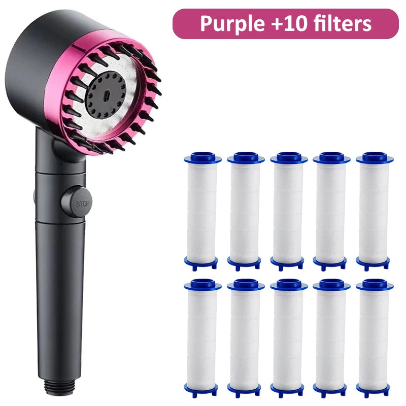 Pressure Massage Showerhead 4 Modes Rainfall Shower Head One-key Stop Zpaxo Purple and 10 Filter