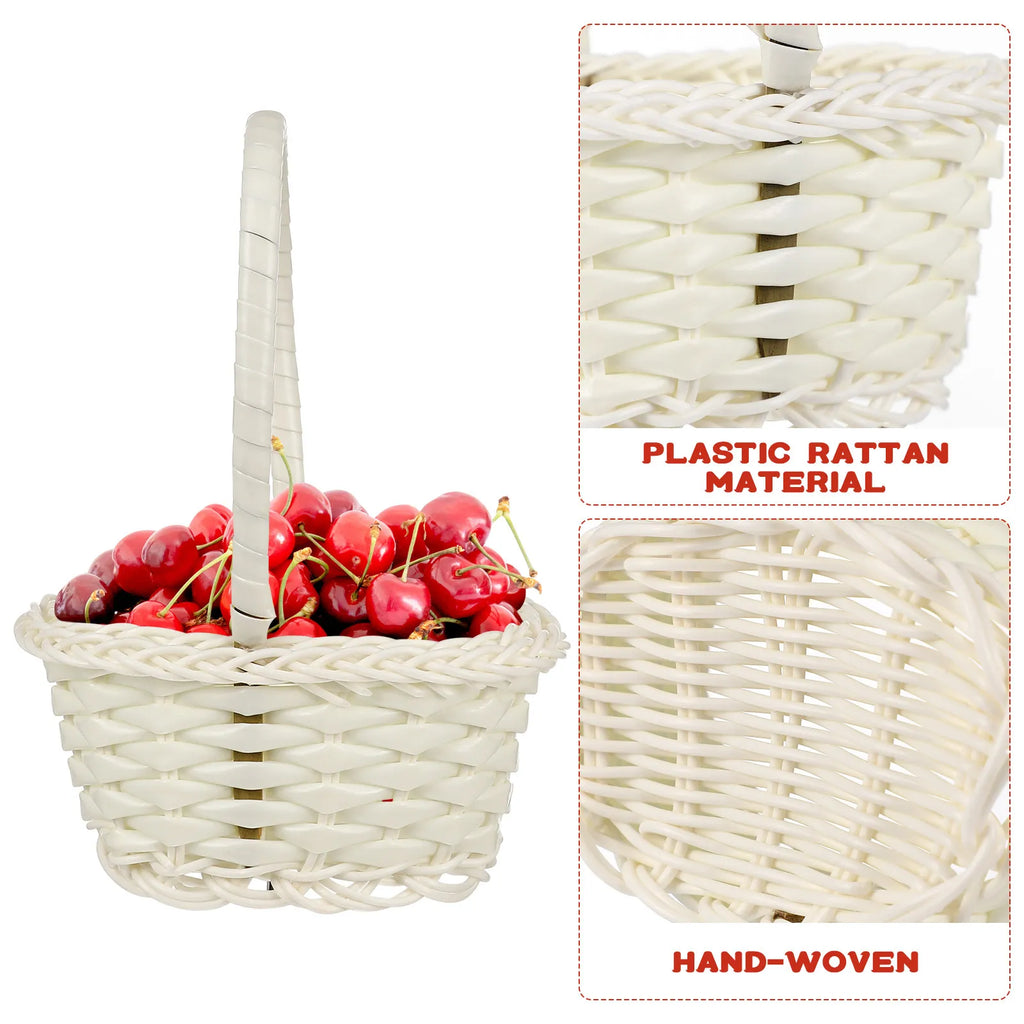 Woven Rattan Basket Round Handheld Storage Long Handle Picnic Flower