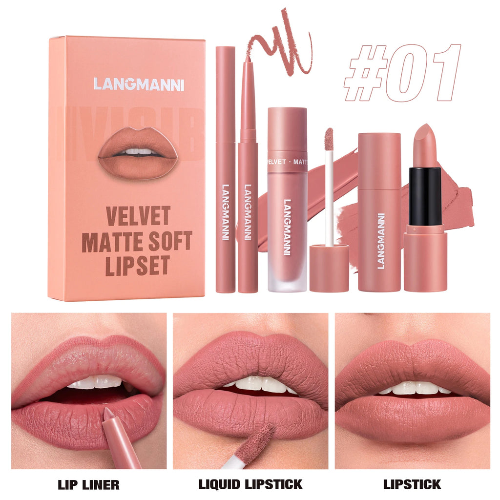 3-Piece Lip Gloss Liner Lipstick Waterproof Durable Matte Makeup Zpaxo L2413-01