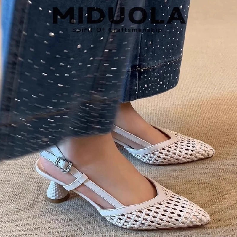 French Square-toed Woven High-heeled Sandals 2025 Summer Shoes