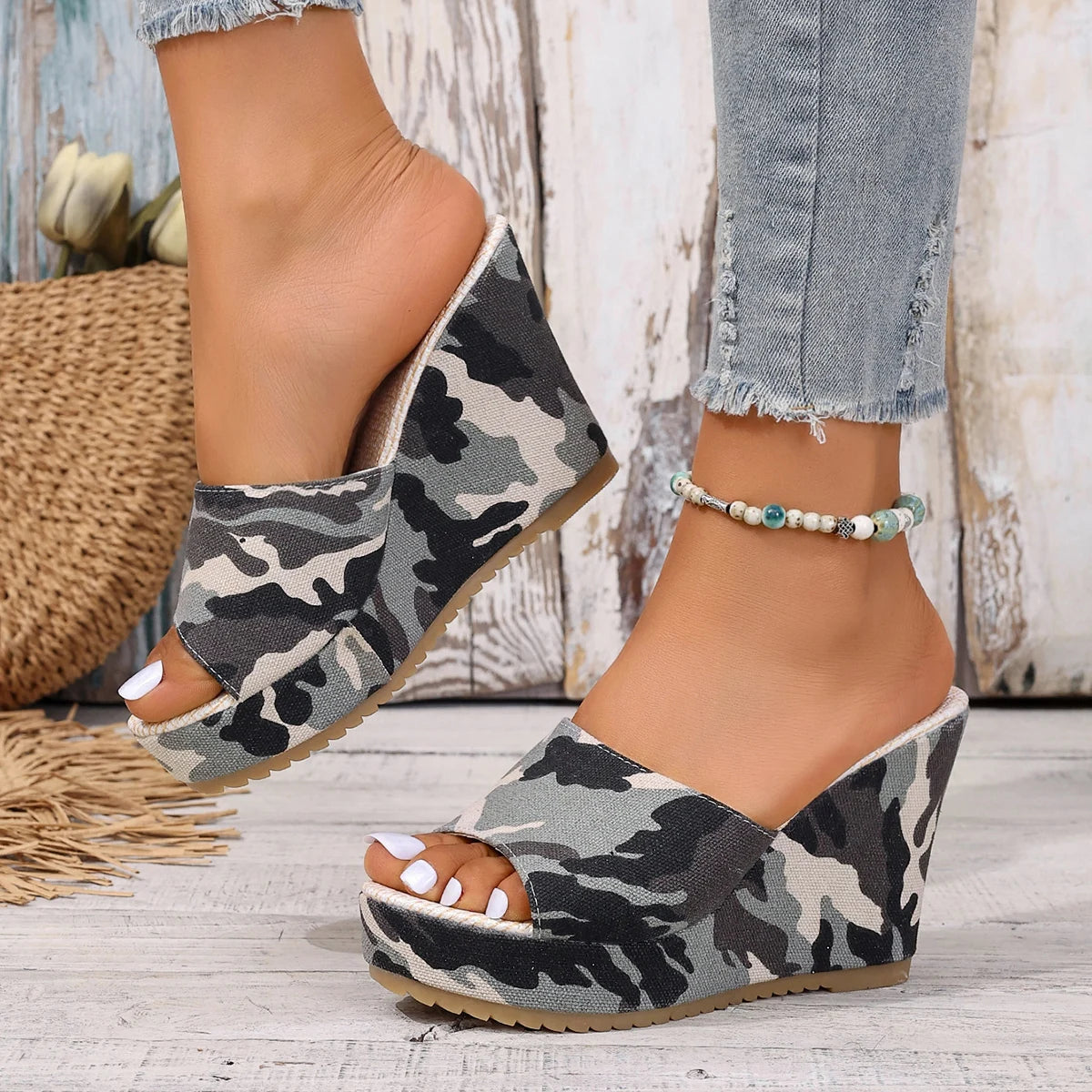 Women Sandals Summer Thick Sole Peep Toe Shoes Designer Wedge Zpaxo Camouflage gray 39