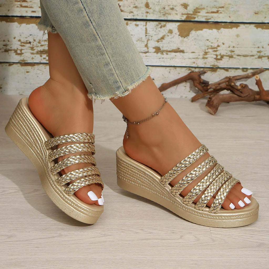 Women Wedges Sandals 2026 New Platform Sandals Women Thick Bottom Weave Strap Slippers Woman Plus Size High Heel Summer Shoes Zpaxo Gold 35