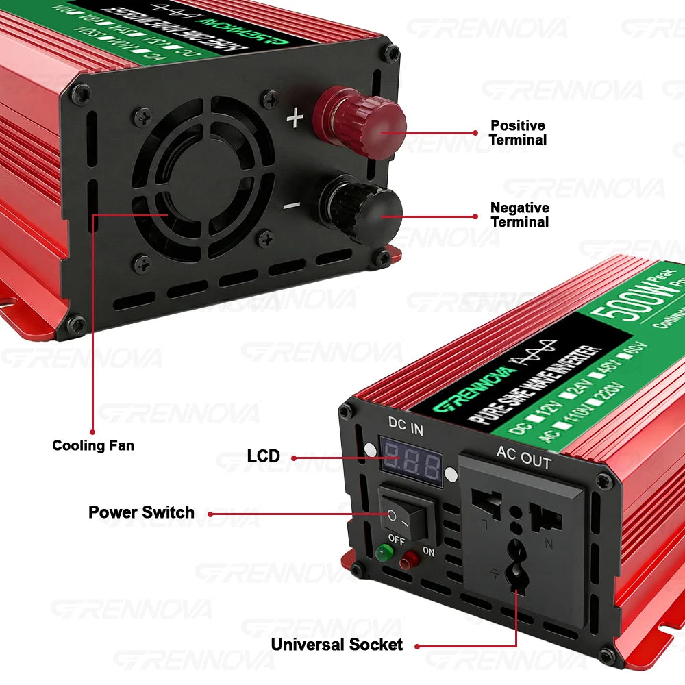 Pure Sine Wave Inverter 500W DC 12V/24V/48V/60V to AC 110V/220V Voltage Transformer Real Power 400W for Home Solar System Zpaxo