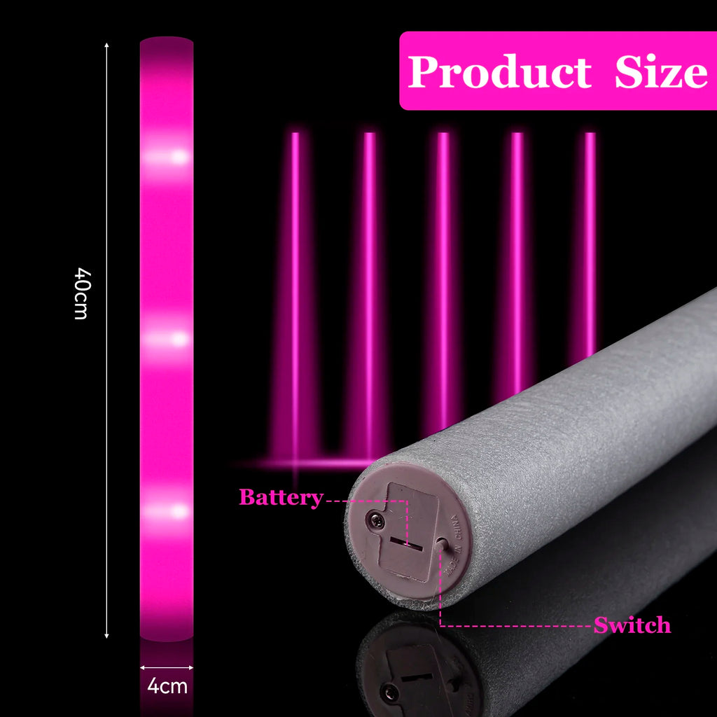 Pink LED Foam Stick Sponge Light Up Baton Wands Cheer Tube Glow Dark