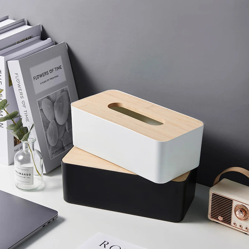Multifunctional Desktop Tissue Holder Paper Box Wood Cover