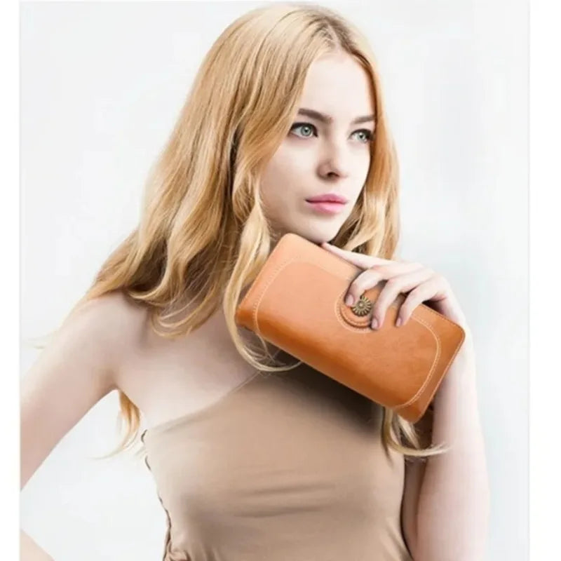 Long Wallet Clutch Bag Women Vintage Greased Leather Large Capacity
