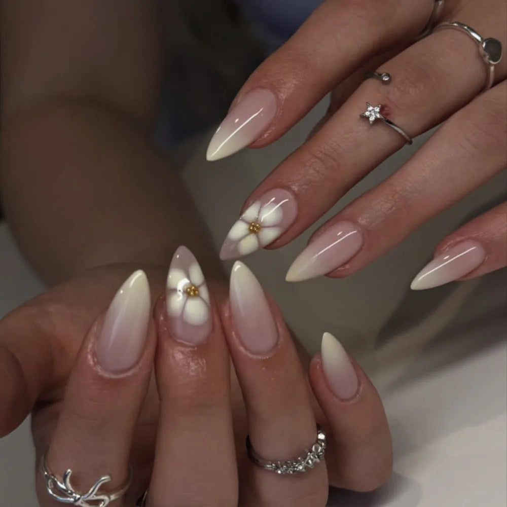 Manicure Long Almond False Nails French White Edge Fake Aurora Flower Zpaxo JP3943