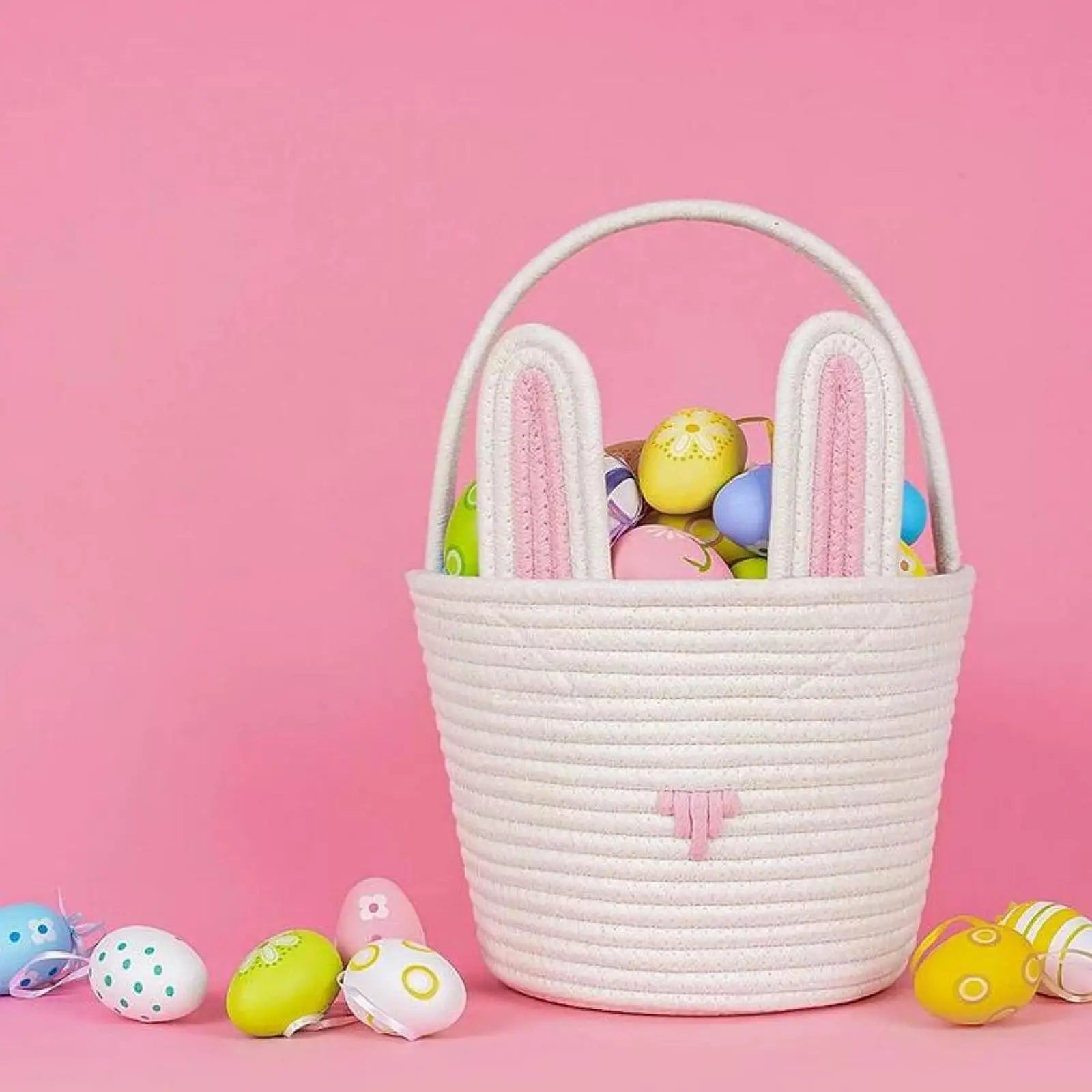 Easter Bunny Basket for Kids – Woven Cotton with Rabbit Ears Easter Gift Basket Zpaxo White Pink
