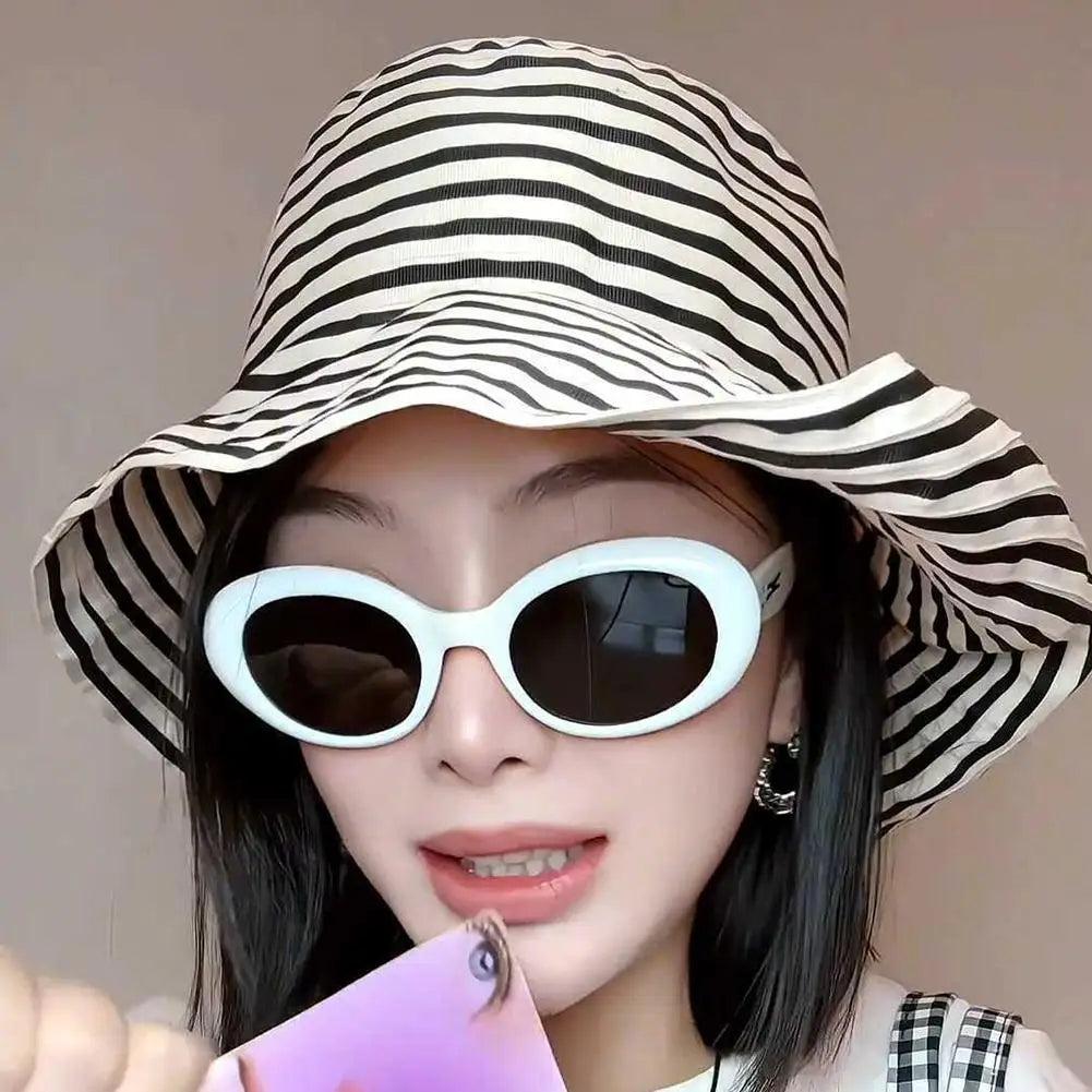 Retro Striped Wide Brim Fisherman Sun Hat UPF50+ Foldable Wide Brim Sun Hat Zpaxo