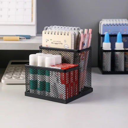 Mesh Desk Organizer Office Supplies Caddy with Pencil Holder and Storage Baskets for Desktop Accessories, 3 Compartments, Black Zpaxo 2 grids Black