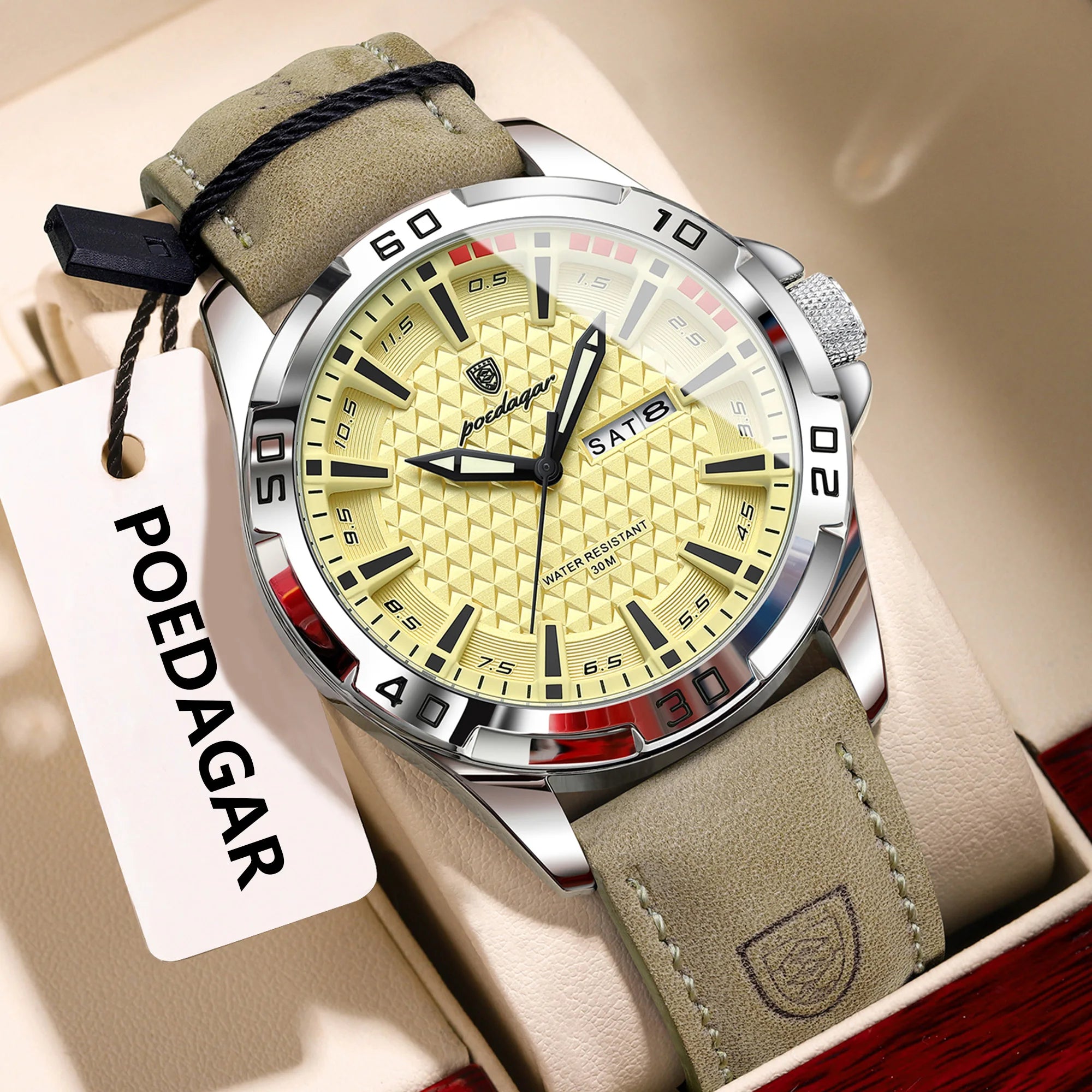 POEDAGAR Original Men Watch Luxury Waterproof Luminous Date Week Watch For Man Quartz Leather Fashion Men's Watches Reloj Hombre Zpaxo 895 Silver Yellow