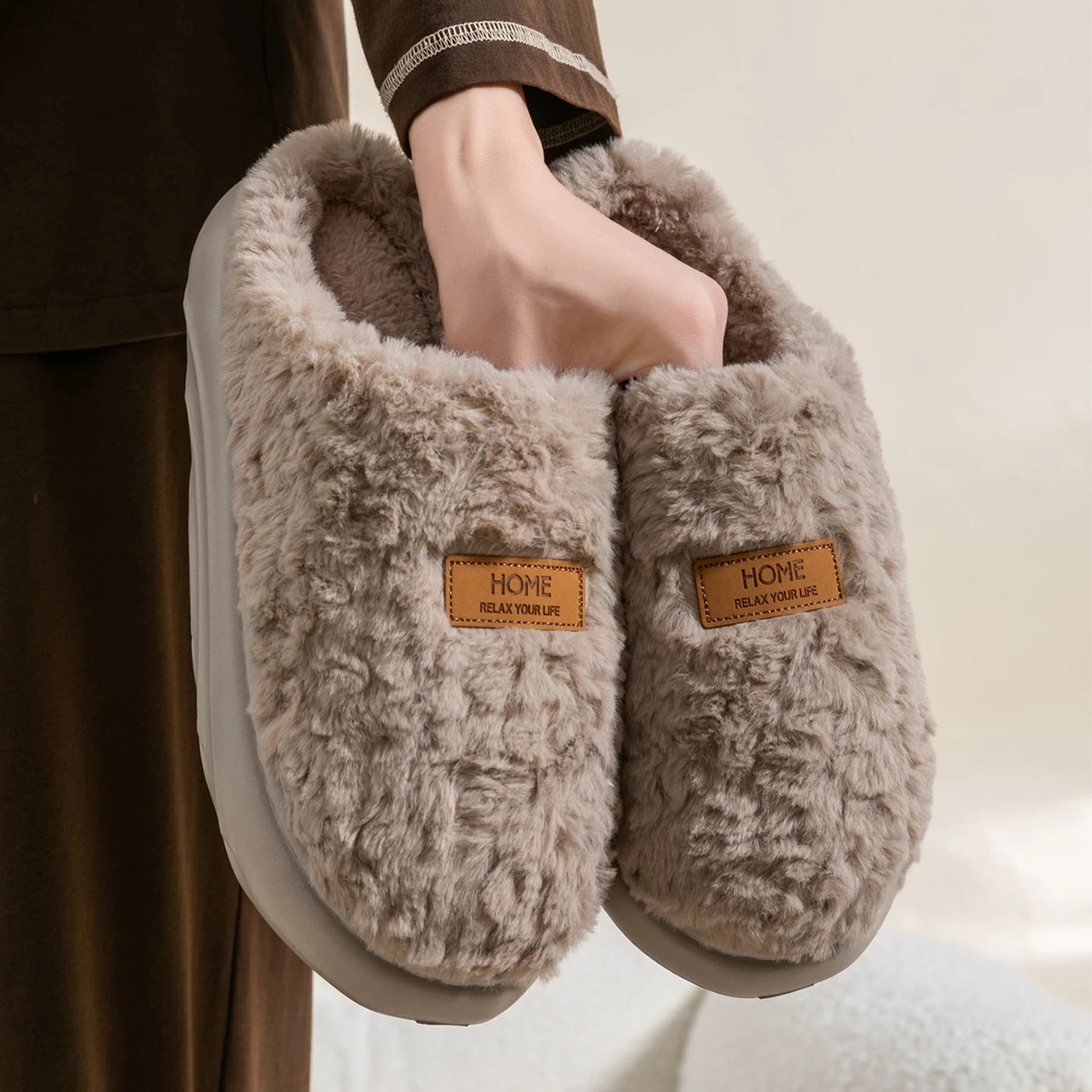 Women's Winter Slippers Indoor Non-slip Fleece Lined Warm House Shoes Zpaxo GRAY 44-45