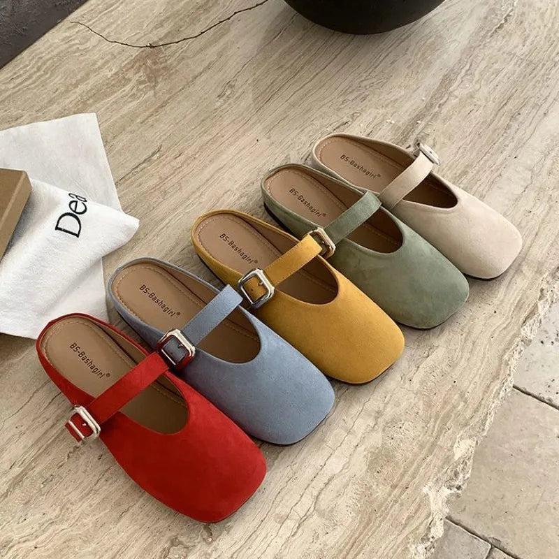 Mary Jane Baotou Half Slipper Women's Summer Outerwear Half Slipper 2025 Summer Soft Flat Bottom Square Toe Slippers for Women Zpaxo