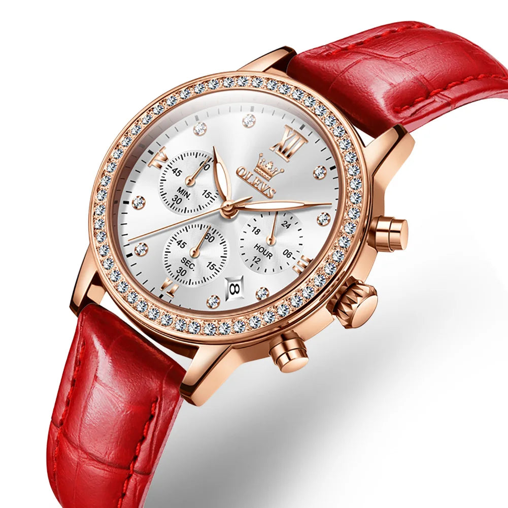 OLEVS Fashion Diamond Watches For Women Luxury Brand Rose Gold Case Ladies Quartz Watch White Leather Strap reloj para mujer Zpaxo Red rose gold
