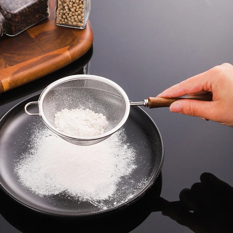 Wooden Handle Stainless Steel Small Colander Fine Mesh Oil Strainer Multi-function Filter Mesh Flour Sifter Kitchen Baking Tools Zpaxo