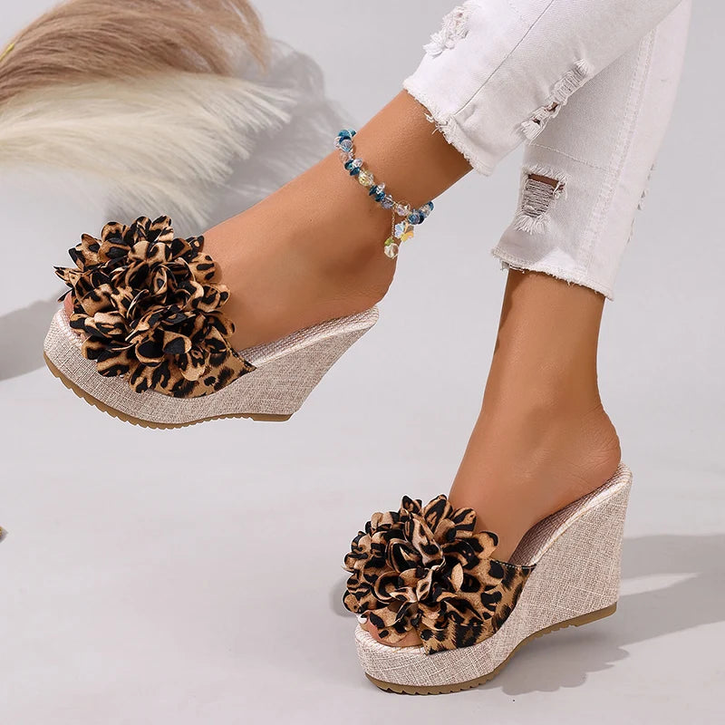 Women Sandals Comfortable Sexy Leopard Bow Sandals Trend Soft Wedges Slippers Casual Beach Shoes Flower Big Size Shoes Women Zpaxo brown leopard print 42