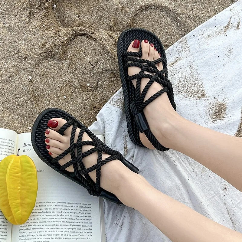2026 Summer Women's Hemp Rope Woven Sandals Roman Rainbow Bohemian Zpaxo
