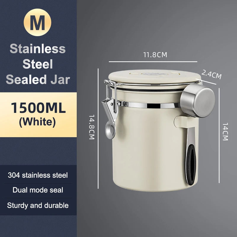 1.2 1.5 1.8L Coffee Bean Jar Airtight Canister Sealed Stainless Steel With Spoon One Way Valve Cannister Coffee Storage Kitchen Zpaxo 1500ml White