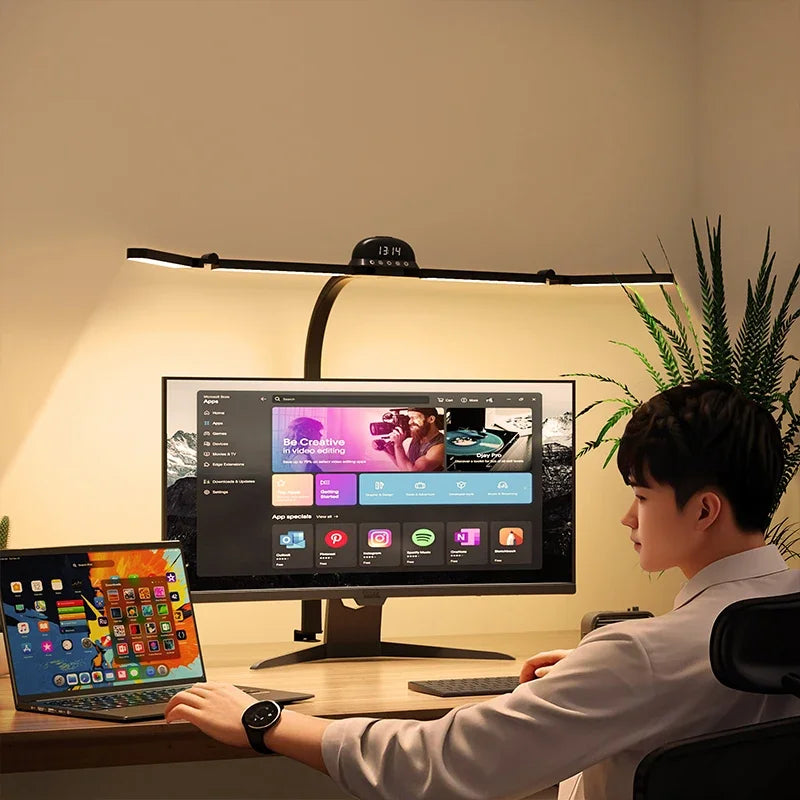 LED Full Spectrum Eye-Caring Architect Desk Lamp with Clamp Flexible Gooseneck 120cm Foldable 4-Head Stepless Dimming Lamp Zpaxo