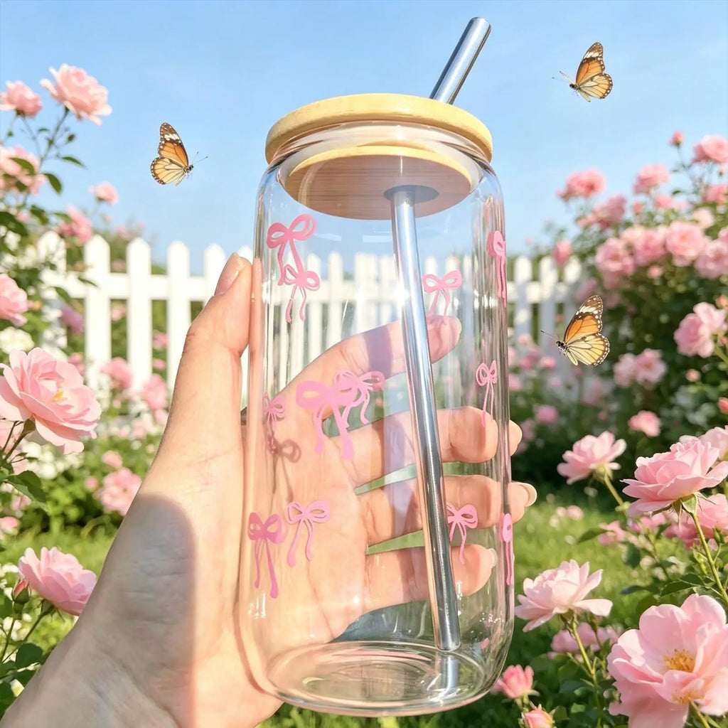 Pink Bow Pattern Glass Cup Lid Straw Cute Coffee Drinking Glasses