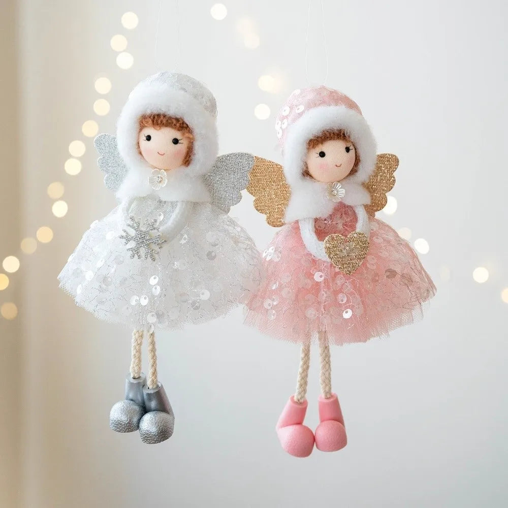 Cute Christmas Girl Pendant Plush White Mesh Girl Hanging Ornament Shiny Golden Wings Tulle Dress Christmas Tree Decorations Zpaxo