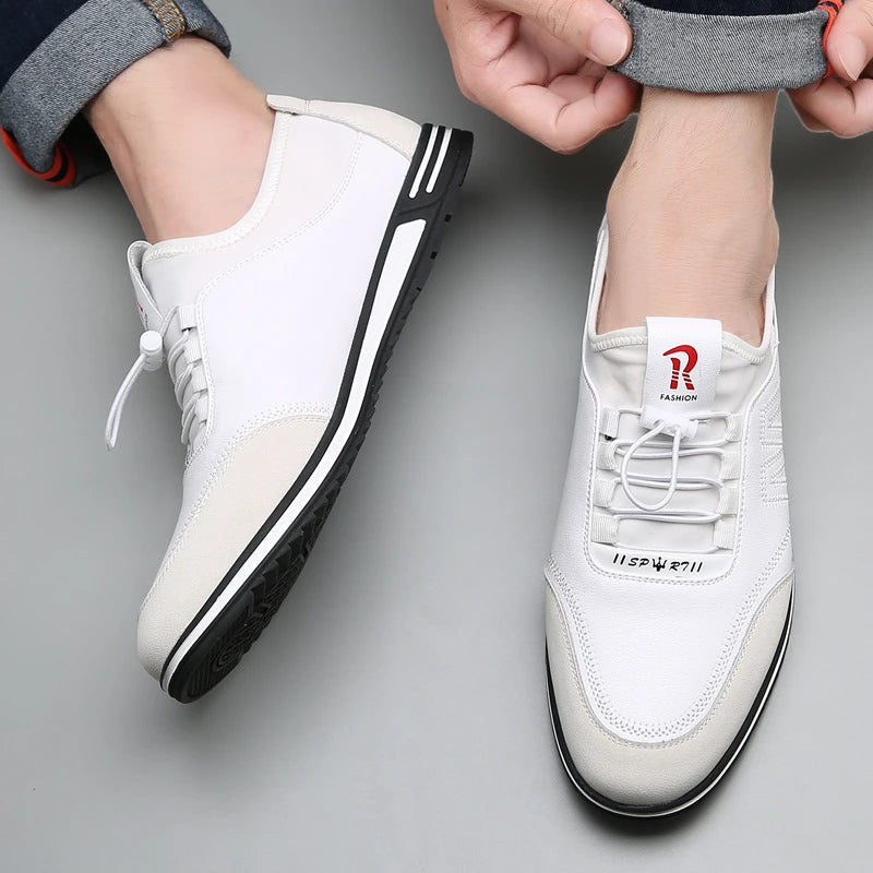 Mens White Casual Sneakers Elastic Drawstring Lace Red Accent Non Zpaxo