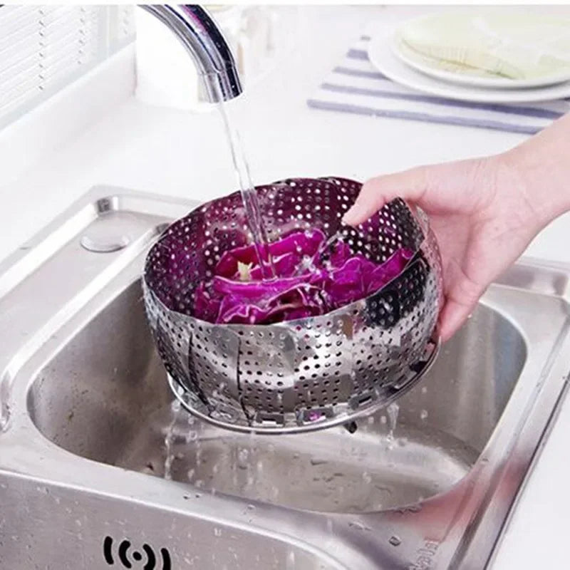 Silver Stainless Steel Retractable Folding Steamer Plate Multifunctional Food Steamer Vegetable Fruit Basket Zpaxo