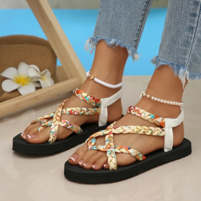Outdoor Women Sandals Trend Floral Printing Flat Sandals Women Lightweight Slip on Beach Shoes Woman Braided Band Bohemian Shoes Zpaxo Beige 36