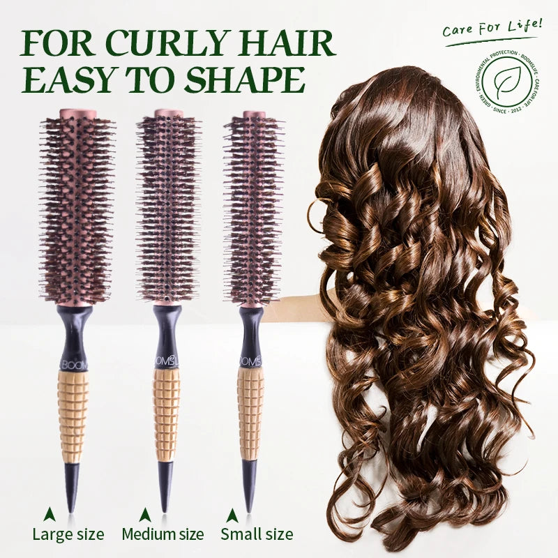 Boar Bristles Hair Brush Women Round Barrel Blowing Curling Styling Hair Comb Anti Static Roll Hairbrush Profissional Wood Combs Zpaxo