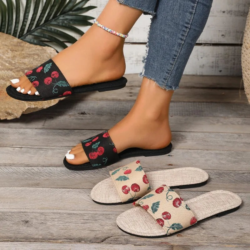 2025 Women Summer Casual Slides Comfortable Striped Bow Linen Flip