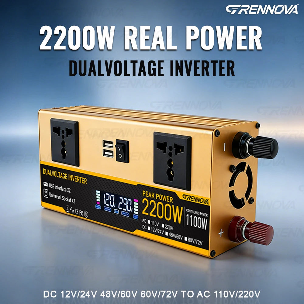 Grennova 1400W/2200W Dual Voltage Power Inverter w/ LCD Screen 12V/24V/48V/60V/72V to 110V/220V for RV, Camping & Solar Off-Grid Zpaxo