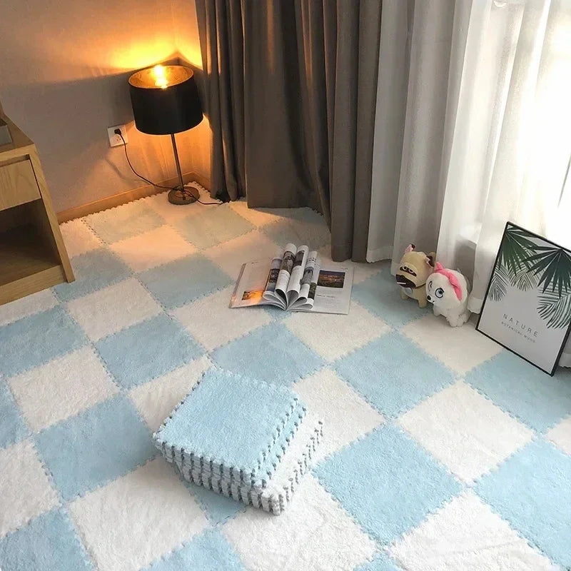 30 Plush Shaggy Interlocking Foam Carpet Tiles Kid Squares Protective Zpaxo BlueWhite-8Pcs
