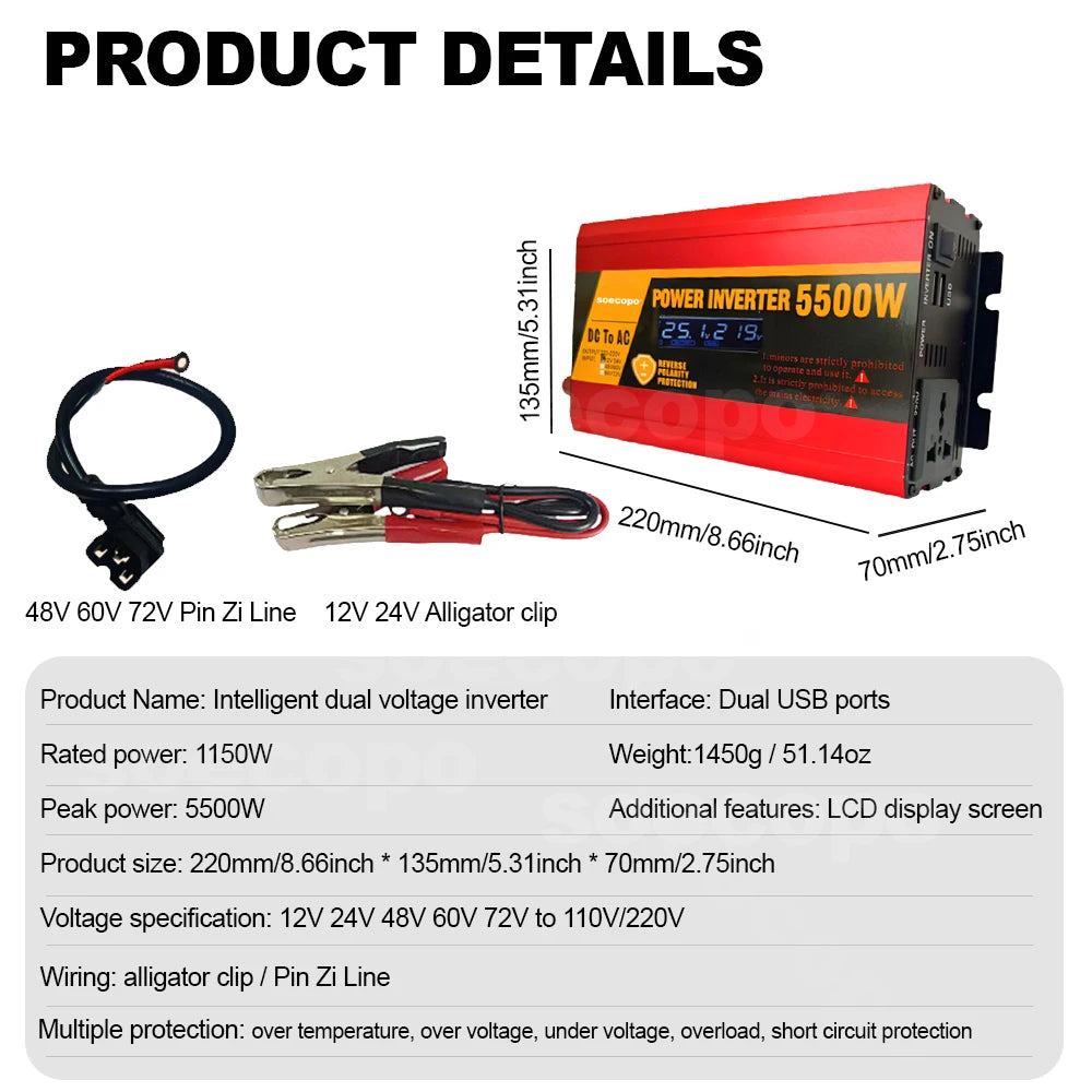 Efficient Dual Voltage Power Inverter 5500W Peak LCD Screen Real-time