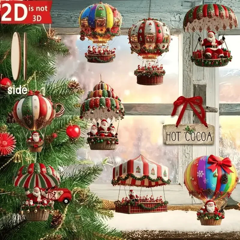 Christmas Wooden Air Balloon Santa Claus 2D Flat Pendant Tree Zpaxo