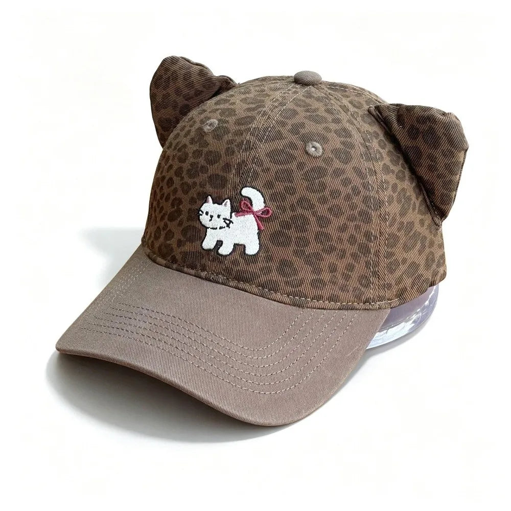 Cute Adjustable Baseball Cap Leopard Print Cartoon Embroidery Duckbill Hat Cat Ear Sun Protection Hat Spring Zpaxo