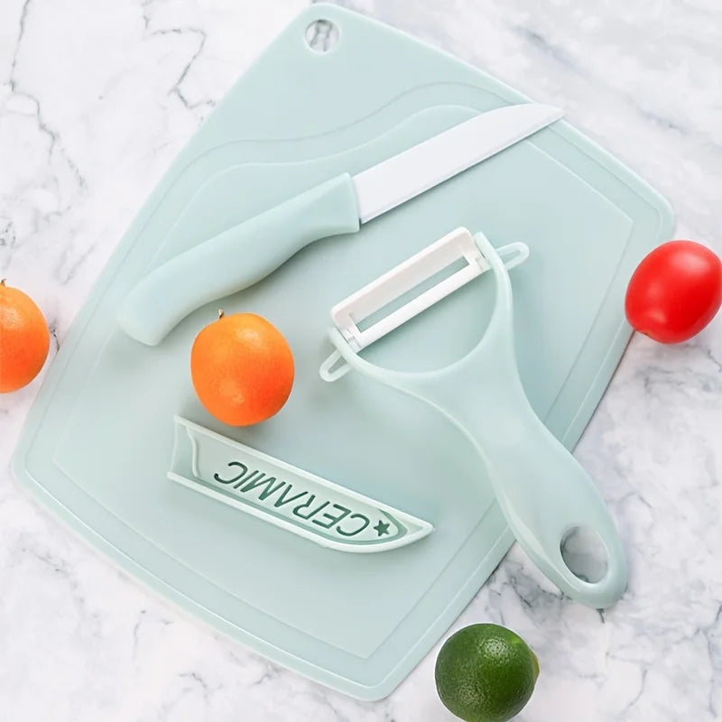 3PCS hree Piece Kitchen Multi-functional Melon And Fruit Knife Ceramic Fruit Knife Set T Peeler Vegetable Cutting Board Zpaxo