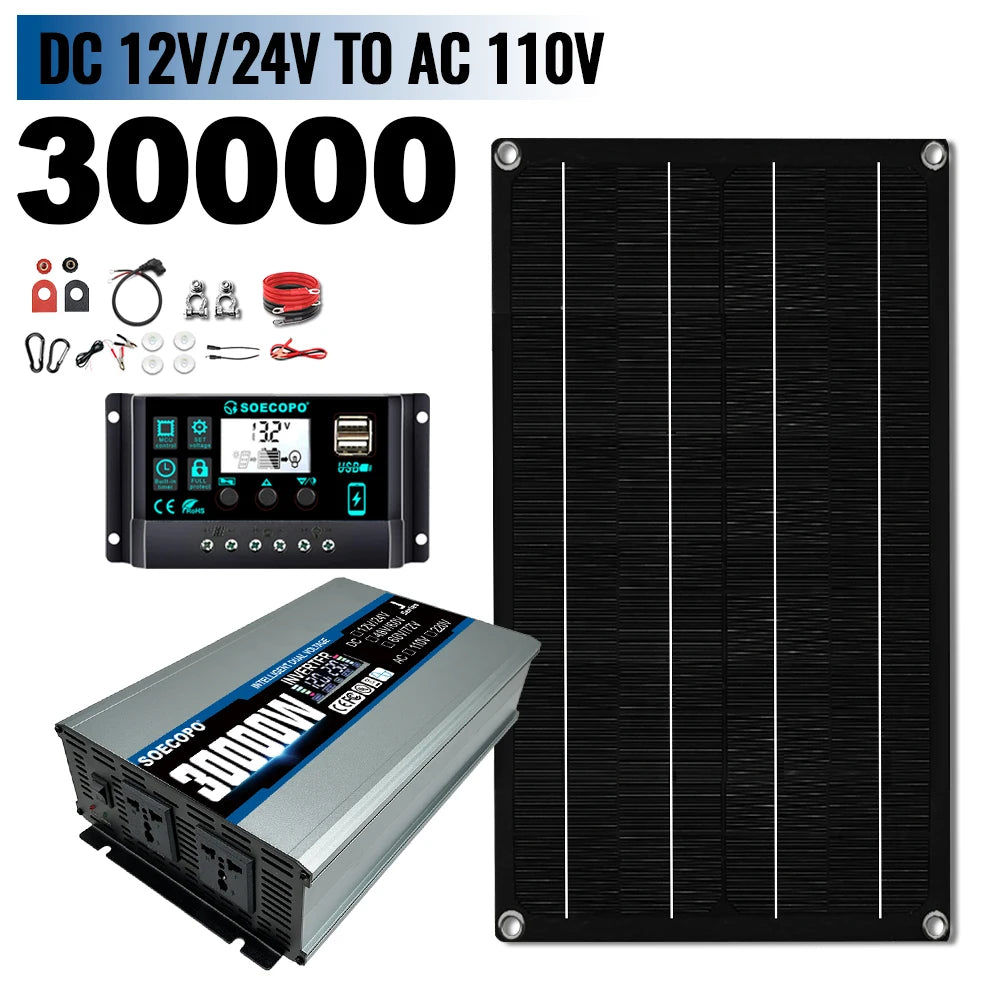 SOECOPO 30000W Portable Solar System Kit 800W Panel, Inverter 2 Sockets Dual Voltage Input 12V/24V 100A Controller Camping/Home Zpaxo 12V 24V To 110V 60Hz