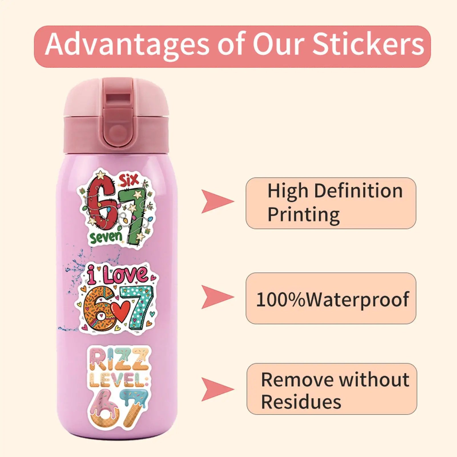 Waterproof 67 Number Meme Stickers Vinyl Decals Bulk Laptop Water
