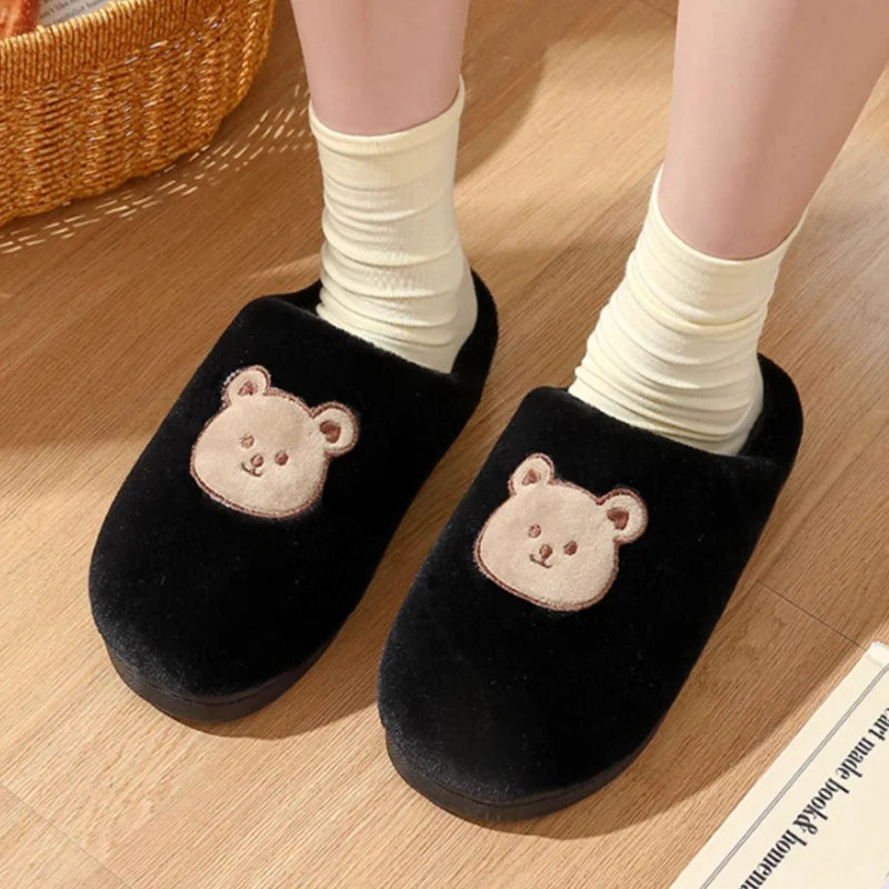 Cute Bear Cotton Slippers Woman Winter Indoor Non-slip Slides Plush
