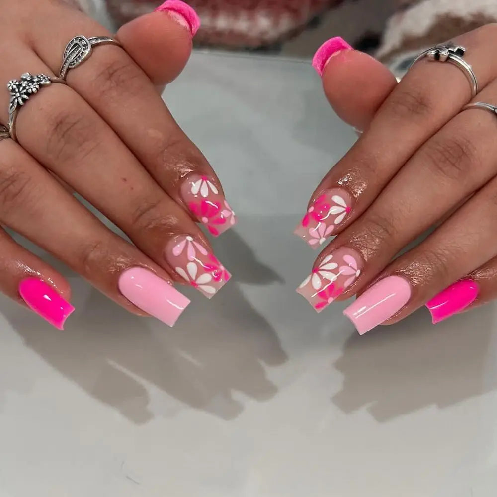 Manicure Long Almond Ballerina False Nails Flowers Glitter French Zpaxo DIY25