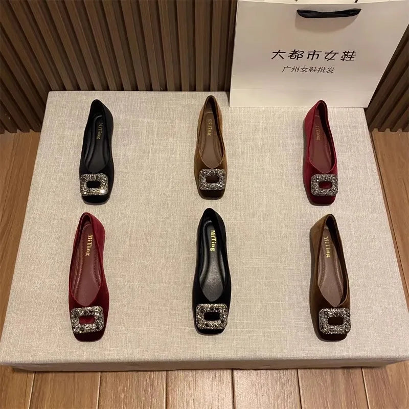 Flat Shoes for Women Spring Autumn 2025 New Rhinestone Square Toe Shallow Mouth Loafers Ladies Shoes Big Size 42 43 44 Zpaxo