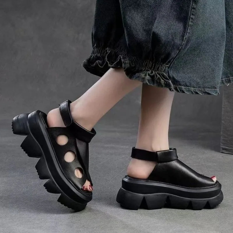 New Summer Fashion Women's Shoes Sandals Retro Genuine Leather Women's Wedge Platform Sandals Fish Toe High Heeled Sandals Zpaxo