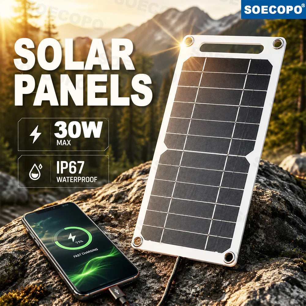 30W Portable Solar Panel 5V Solar Plate WithUSB Safe Stabilize Charger For Power Bank Phone Outdoor Camping Home RV Gift Zpaxo
